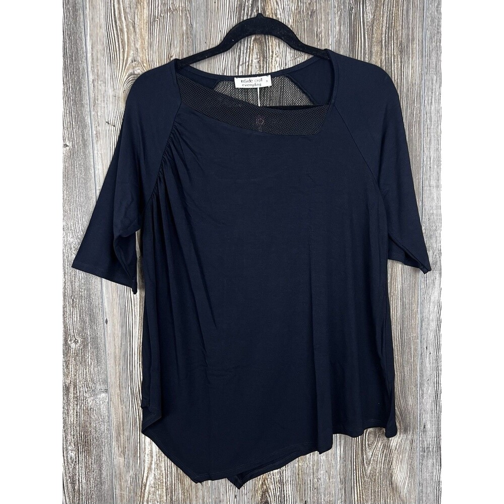 Inside Out Annie Blouse Black Popover Mesh Detail Asymmetrical Hem Size Medium
